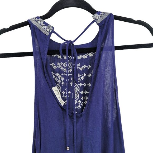 Dress Boho Halter Tie Back Swing Shift Sleeveless Knee Embroidered Navy Sz S - Picture 8 of 9